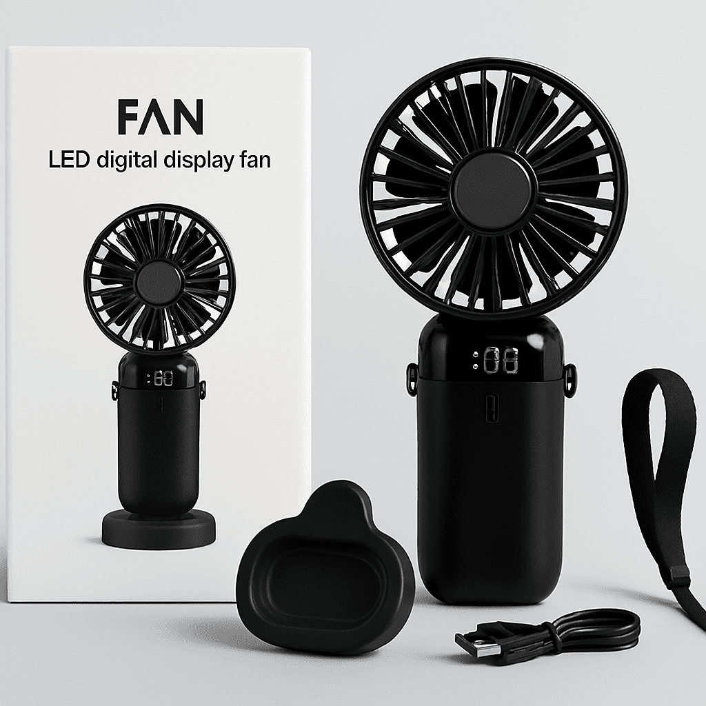 Copilot_20250901_174917-1.png LED Digital Display Rechargeable Fan with USB Cable – Portable Mini Cooling Fan with Adjustable Speed, Battery Indicator & Easy Charging (random color) - Image 1